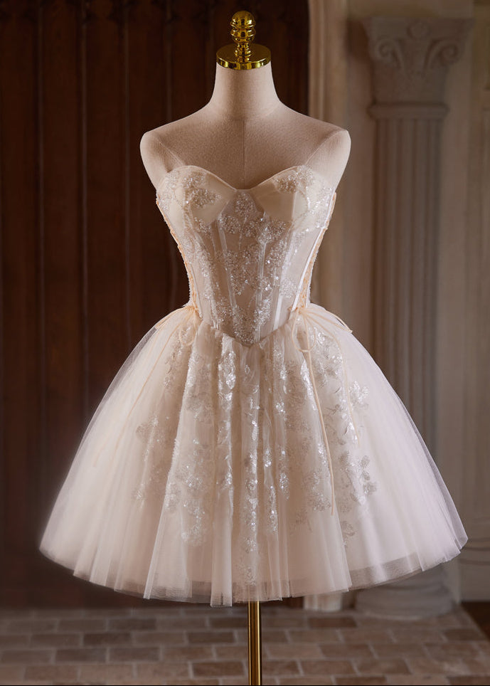 A-LINE TULLE LACE CHAMPAGNE MINI PROM DRESS