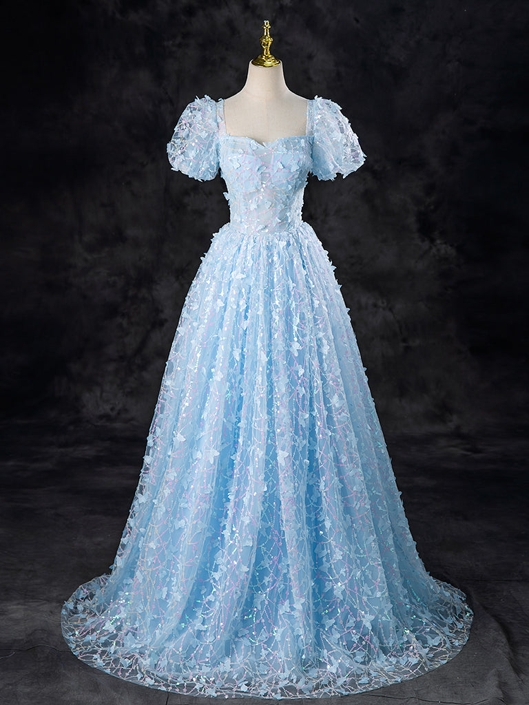 A-LINE TULLE SEQUIN LACE BLUE PROM DRESS