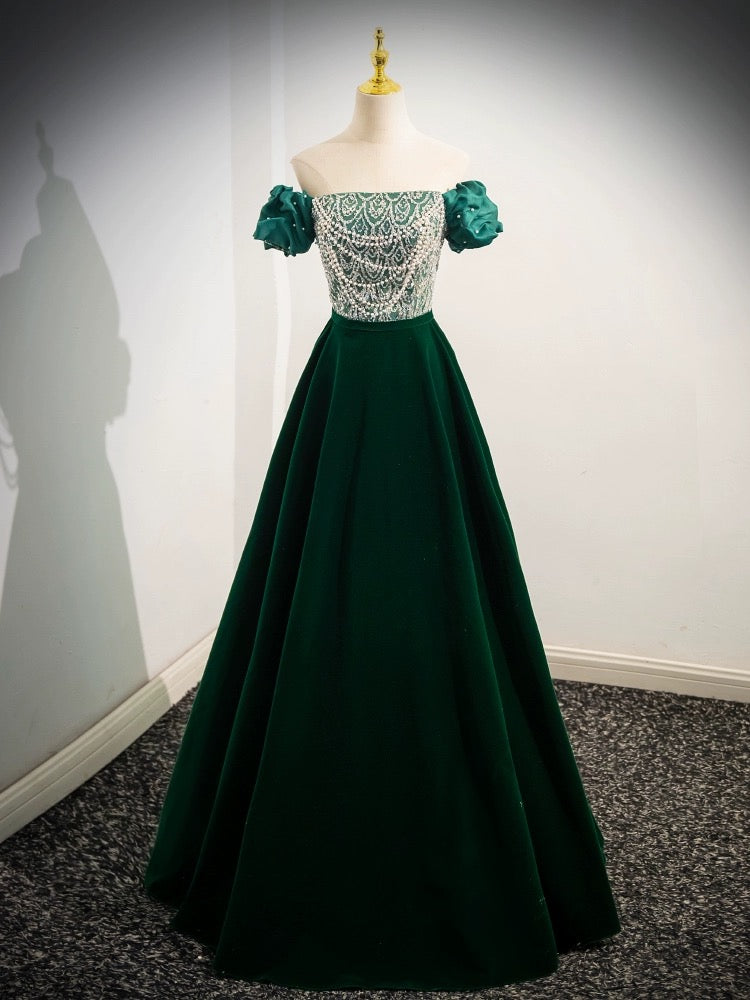 A-LINE VELVET SEQUIN BEADS GREEN DRESS