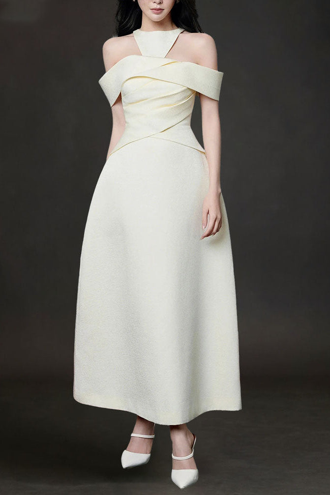 AALIYAH OFF-SHOULDER DRAPED HALTER MIDI DRESS IN APRICOT