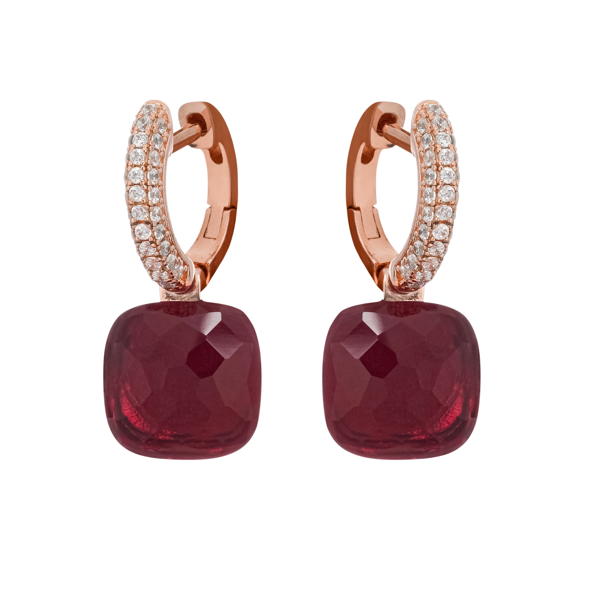 AAVA RED CUSHION CUT GEMSTONE HOOP STERLING SILVER EARRINGS
