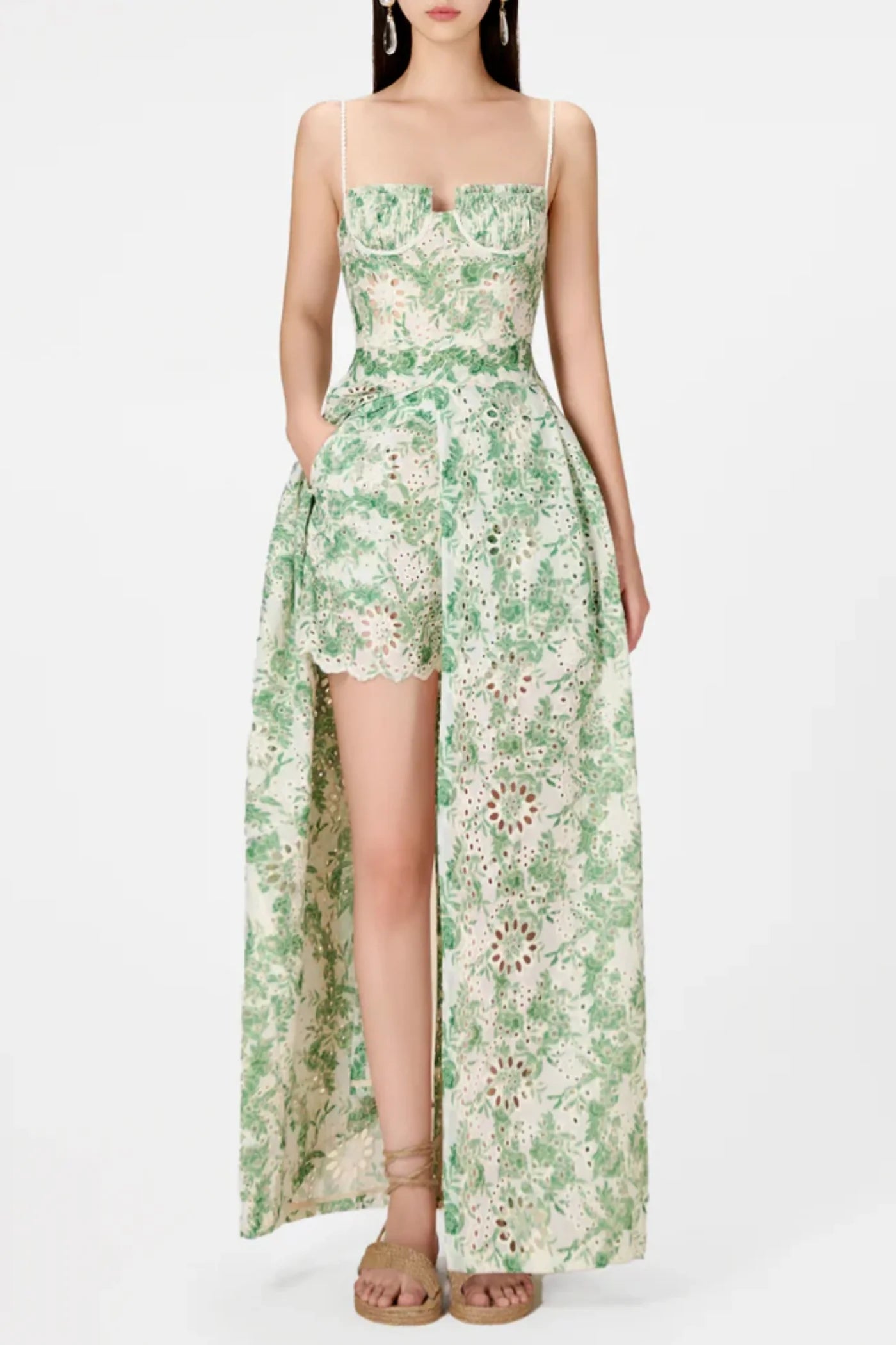 ABETZI FLORAL EMBROIDERED SHORTS & MAXI DRESS SET - GREEN
