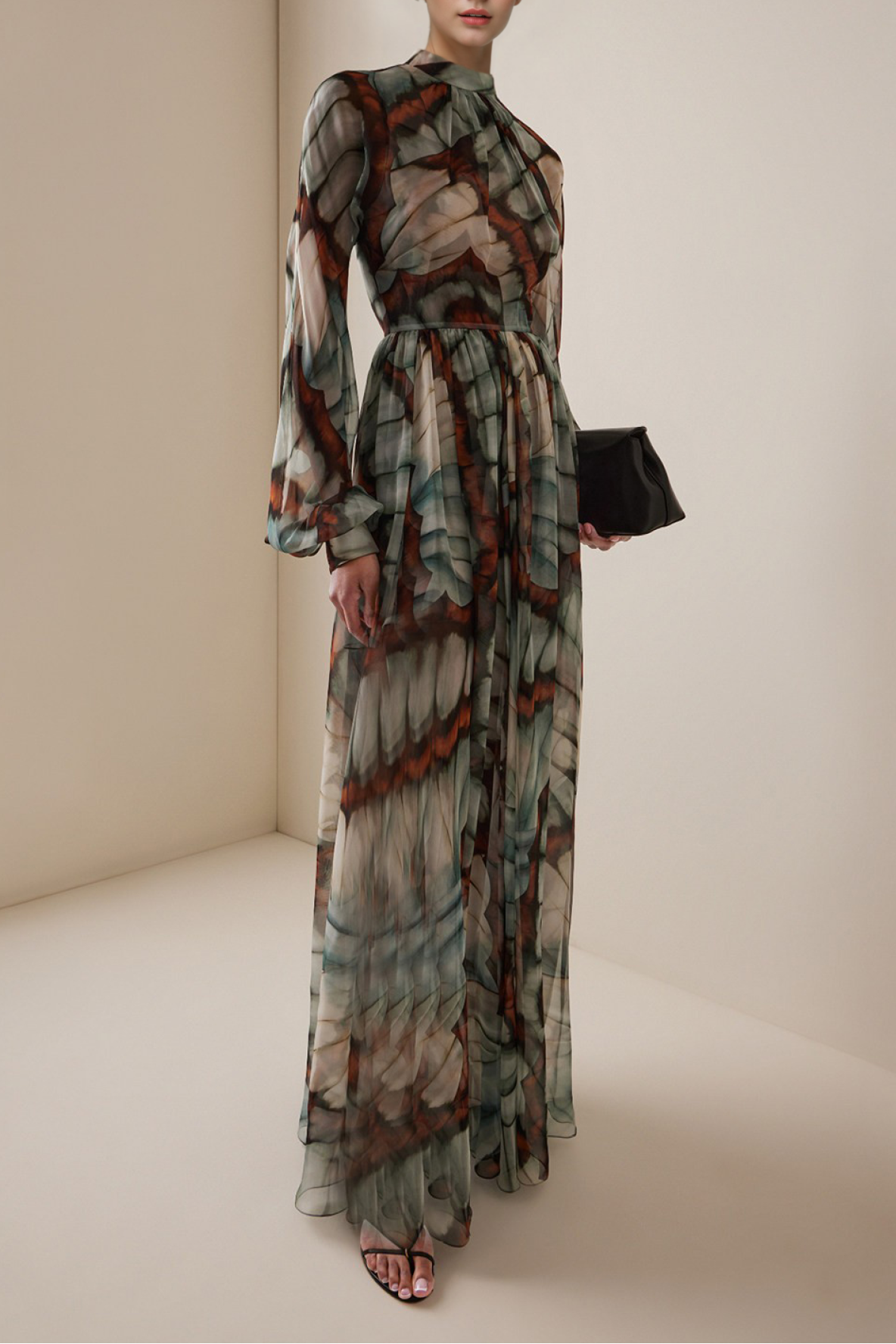 ABSTRACT BUTTERFLY PRINT CHIFFON MAXI DRESS