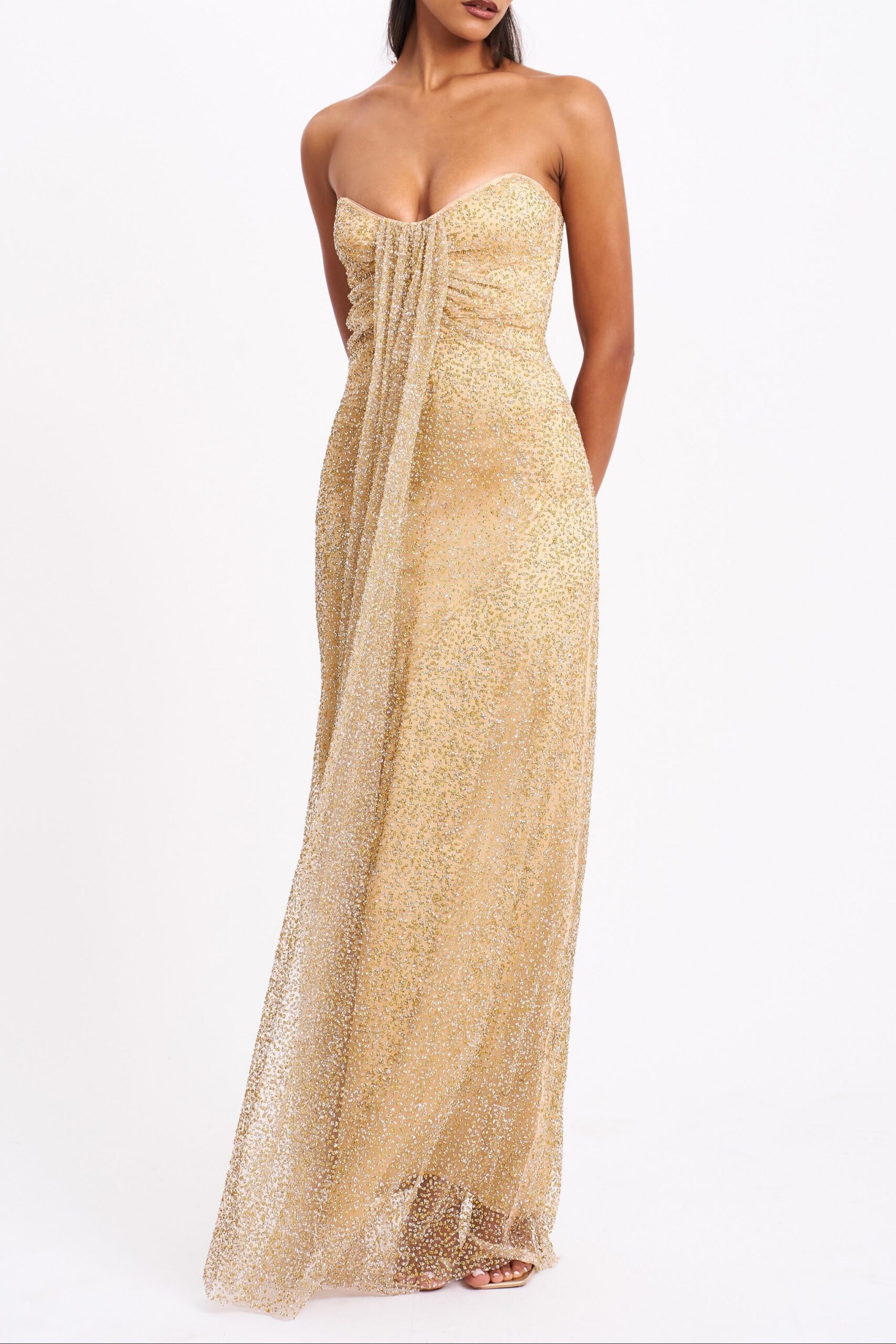ADA GOLD RHINESTONE EMBELLISHED STRAPLESS GOWN WITH HEAD SCARF