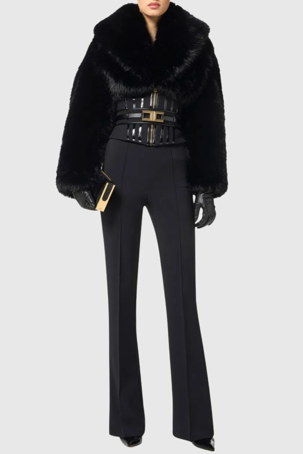 ADELAIDE FAUX FUR CORSET JACKET IN BLACK