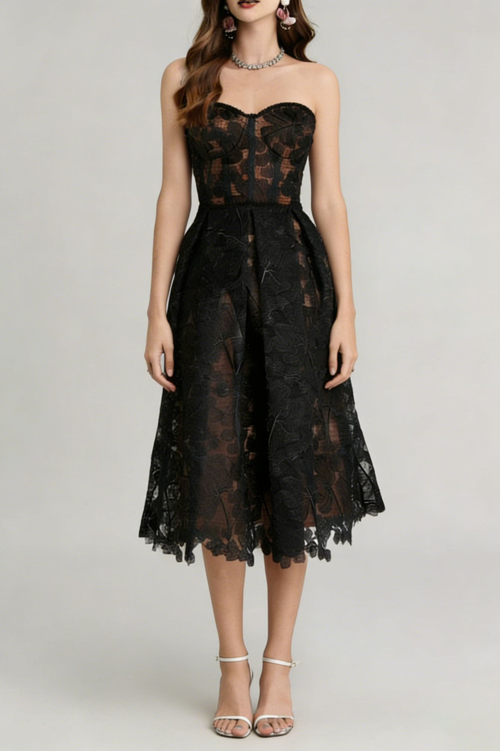 AGNENS BLACK SEXY STRAPLESS EMBROIDERED LACE MIDI DRESS