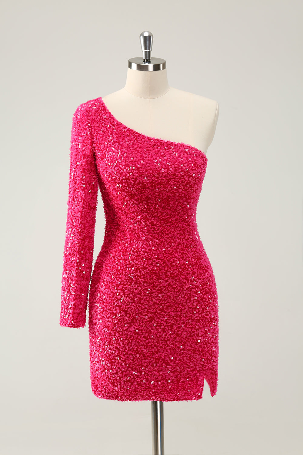 04032520HotPink_1 HOT PINK ONE SHOULDER SEQUIN HOMECOMING DRESS SLIT