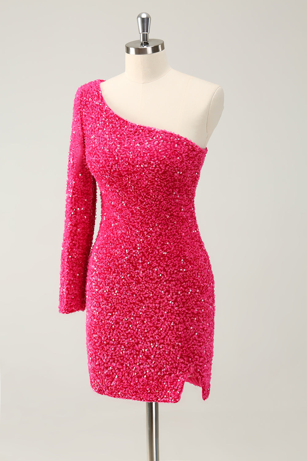 HOT PINK ONE SHOULDER SEQUIN HOMECOMING DRESS SLIT