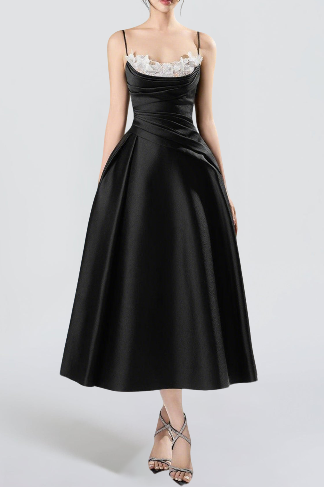 ALESSA FIT AND FLARE SPAGHETTI STRAP TAFFETA MIDI DRESS
