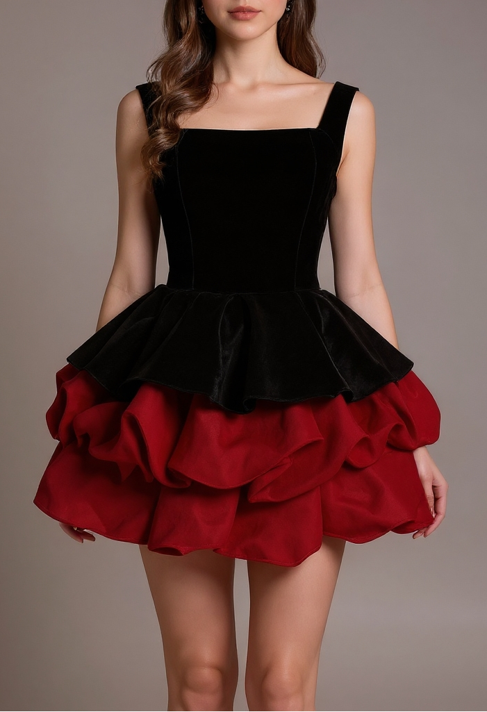 ALEXANDRA LAYER WAVY TRIM MINI DRESS  - BLACK/RED