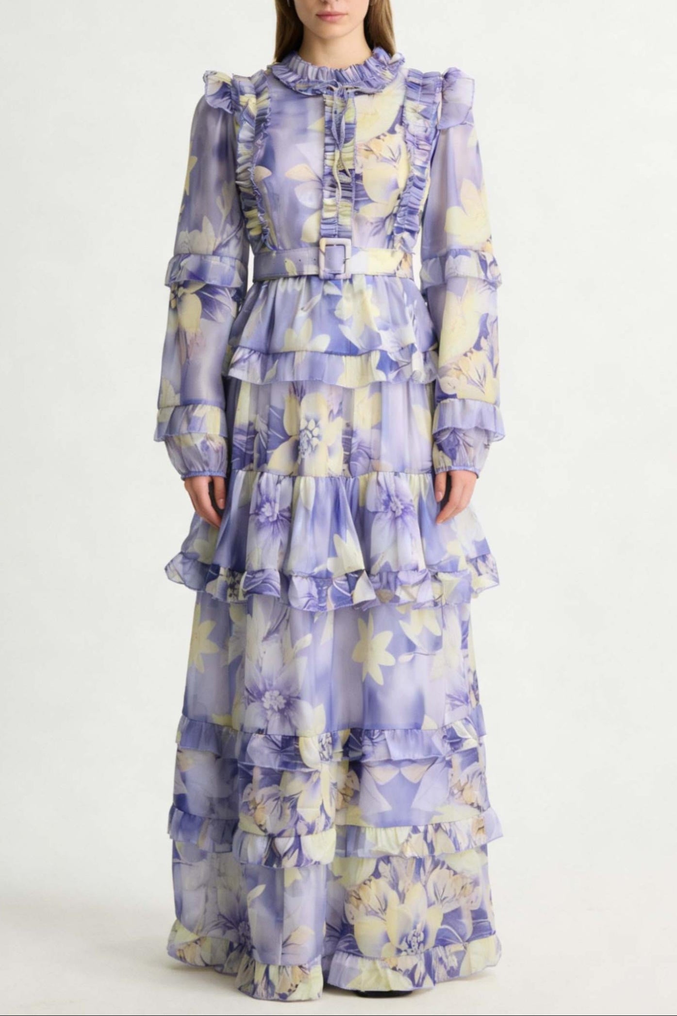 ALYSSA PURPLE FLORAL PRINT RUFFLE MAXI DRESS WITH BELT