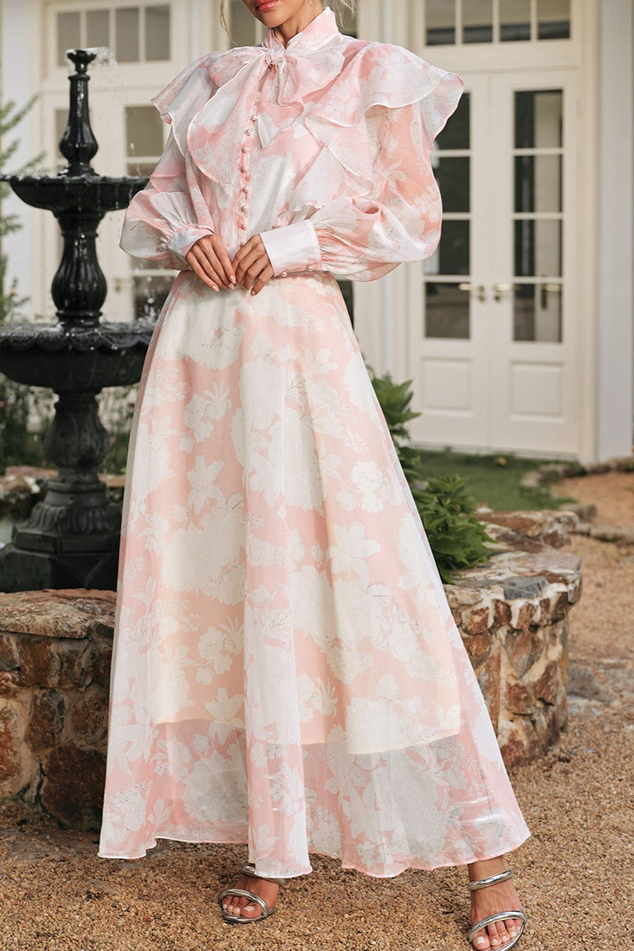 AMANDA HIGH NECK FLORAL ORGANZA BLOUSE MAXI SKIRT SET IN PINK