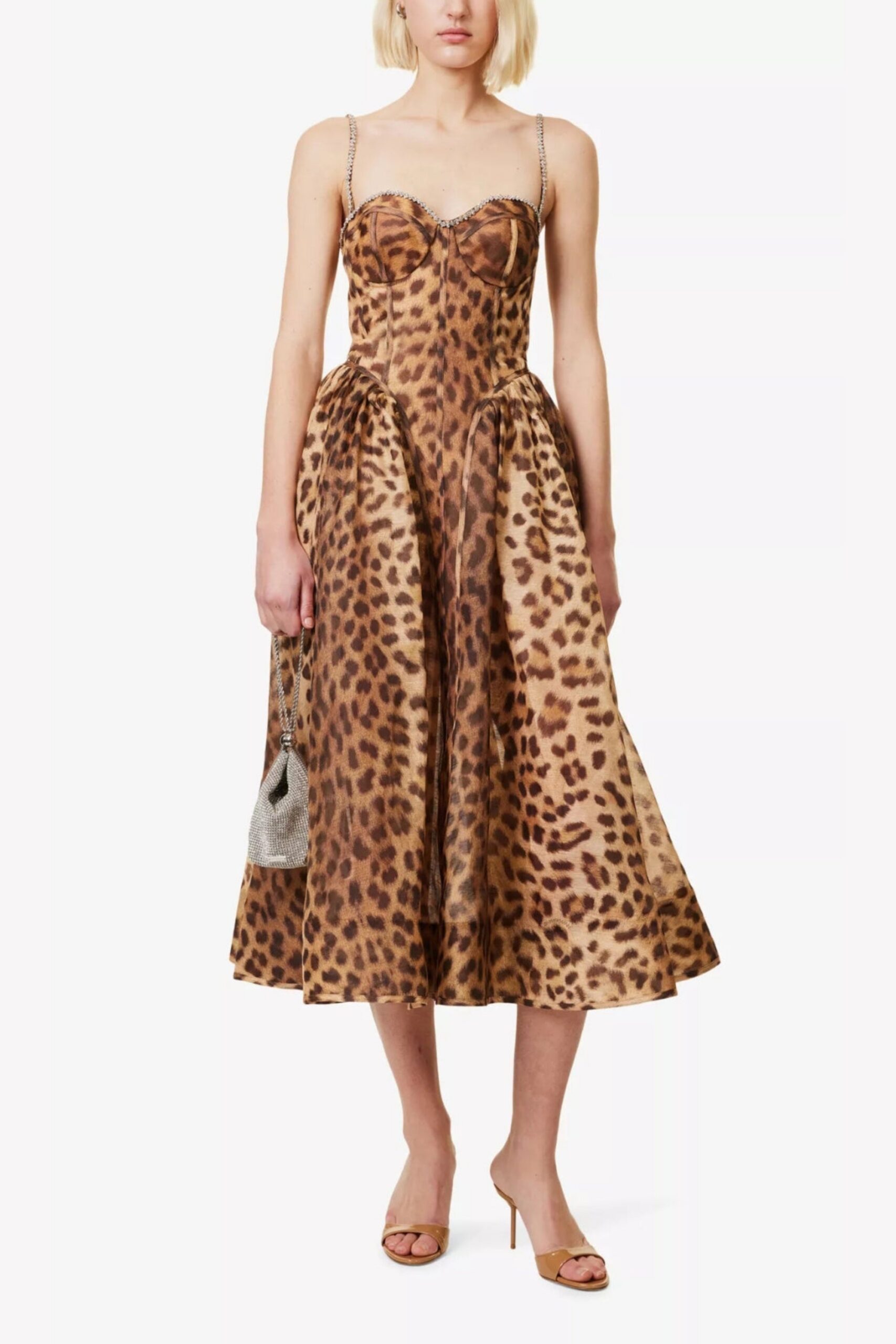 ANIMAL PRINT CRYSTAL BUSTIER A LINE MIDI DRESS