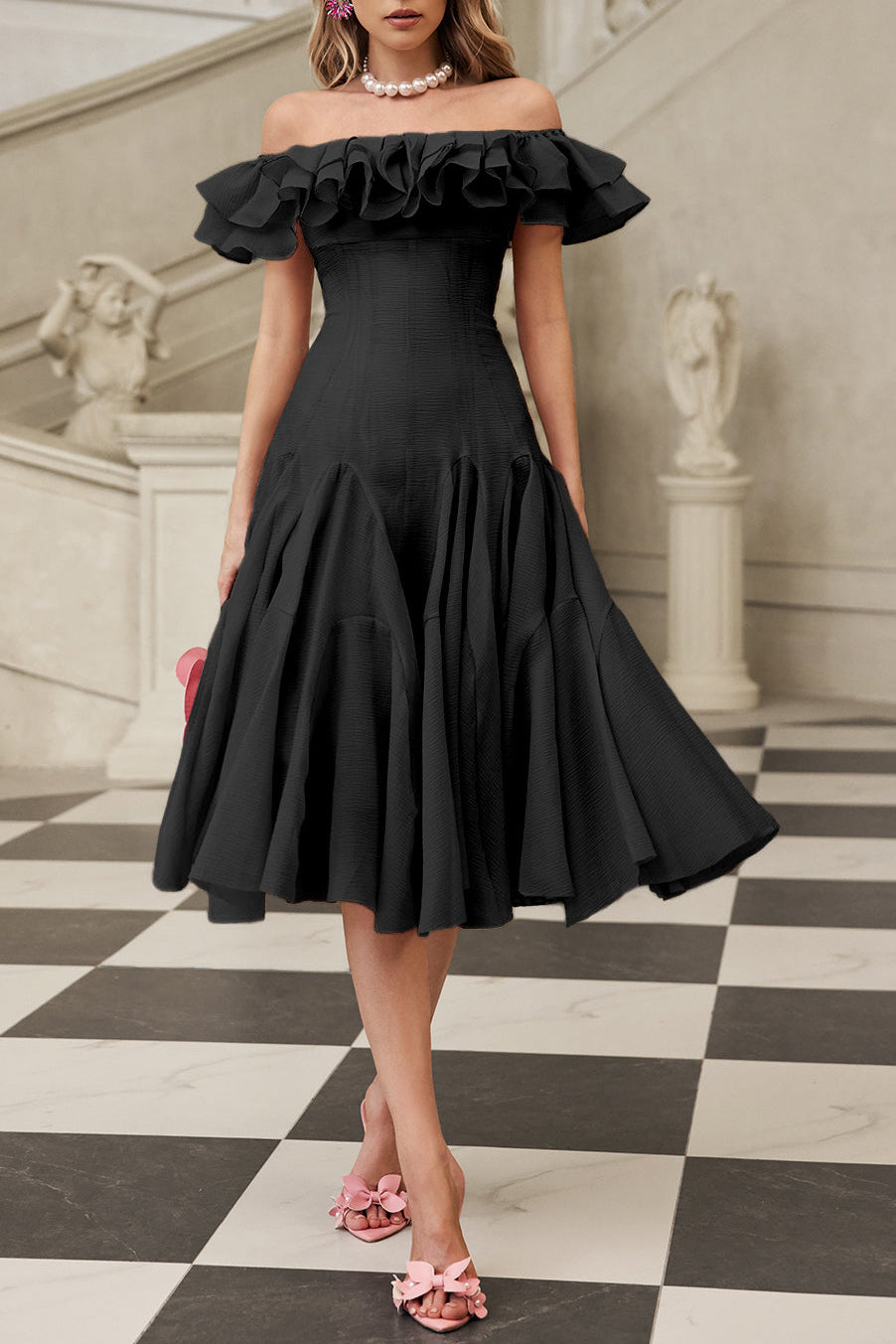 APPHIA OFF SHOULDER RUFFLE MIDI DRESS IN BLACK