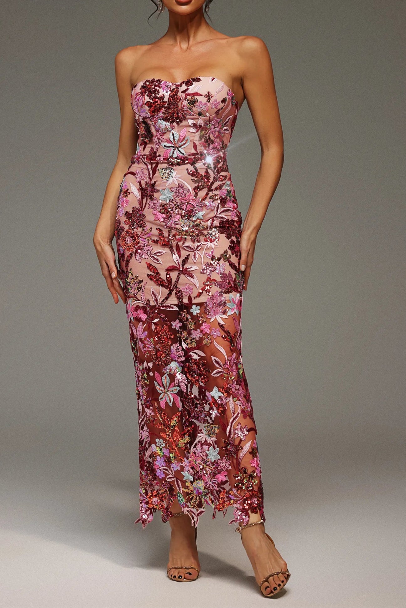 ARABELA CHACHI RED STRAPLESS FLOWER EMBROIDERY MAXI DRESS