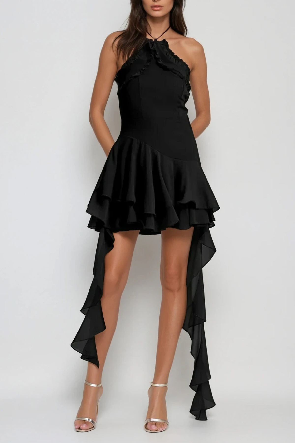 ARACELY HALTER NECK MESH RUFFLE FRINGE MINI DRESS IN BLACK