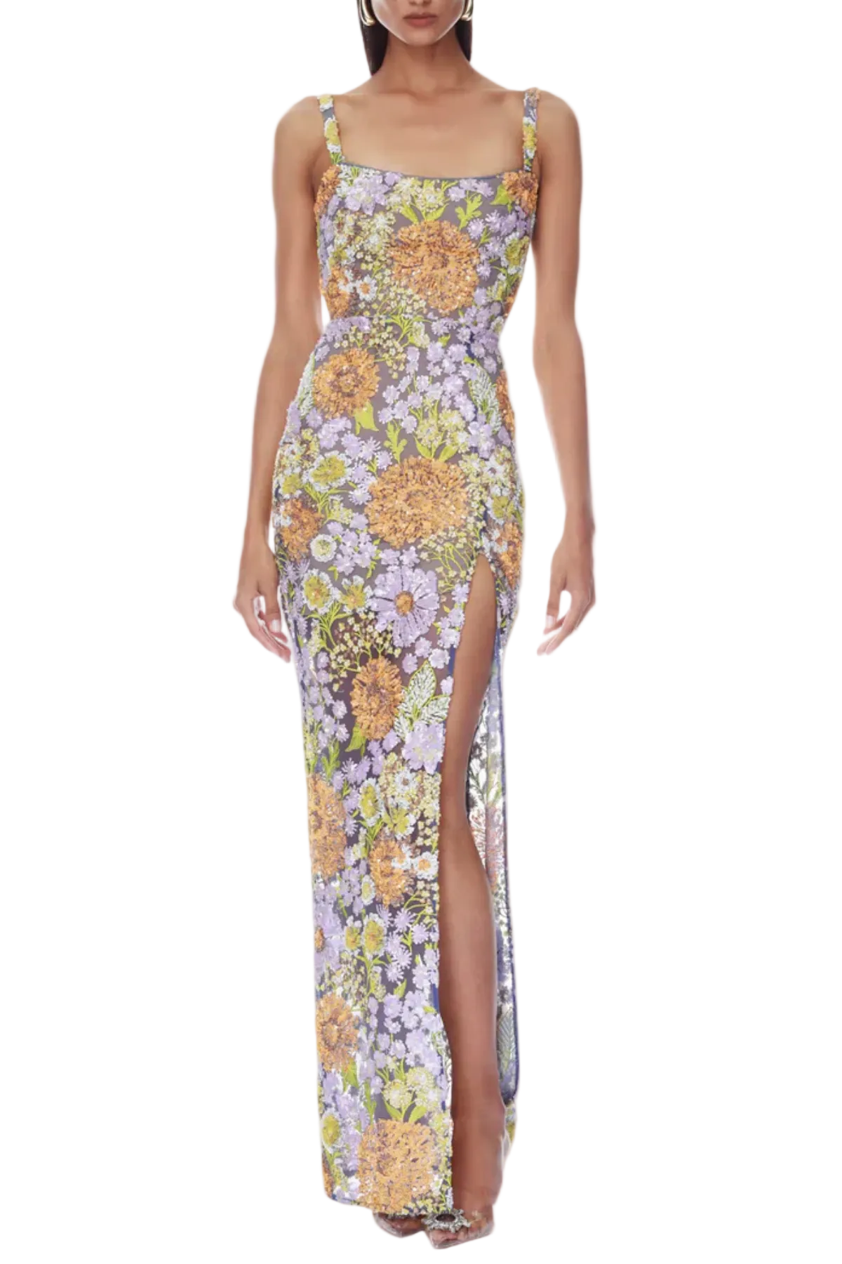 ARMIDA FLORAL SEQUIN SLIT MAXI DRESS