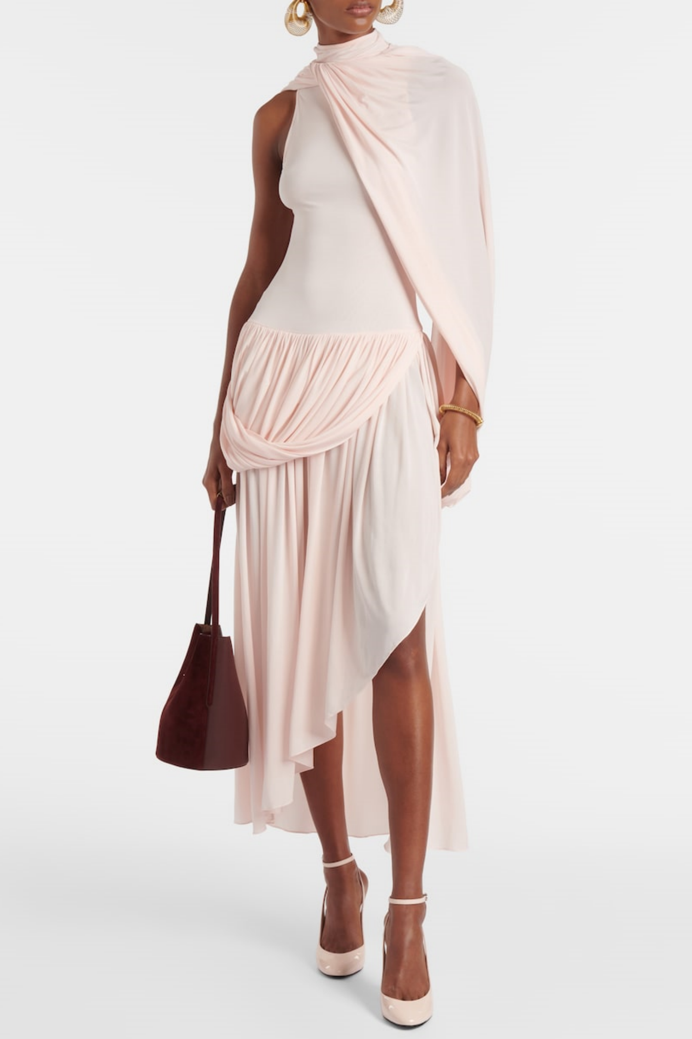 ASYMMETRIC CAPE DRAPED MIDI DRESS