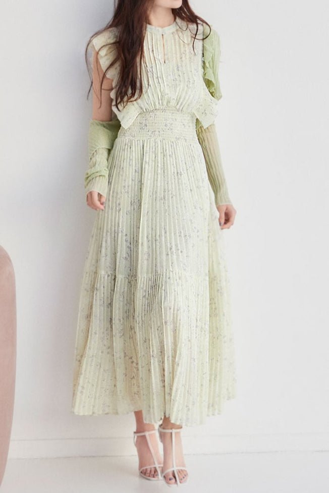 AUDREY SLEEVELESS PLEATED FLORAL MIDI DRESS IN MINT GREEN