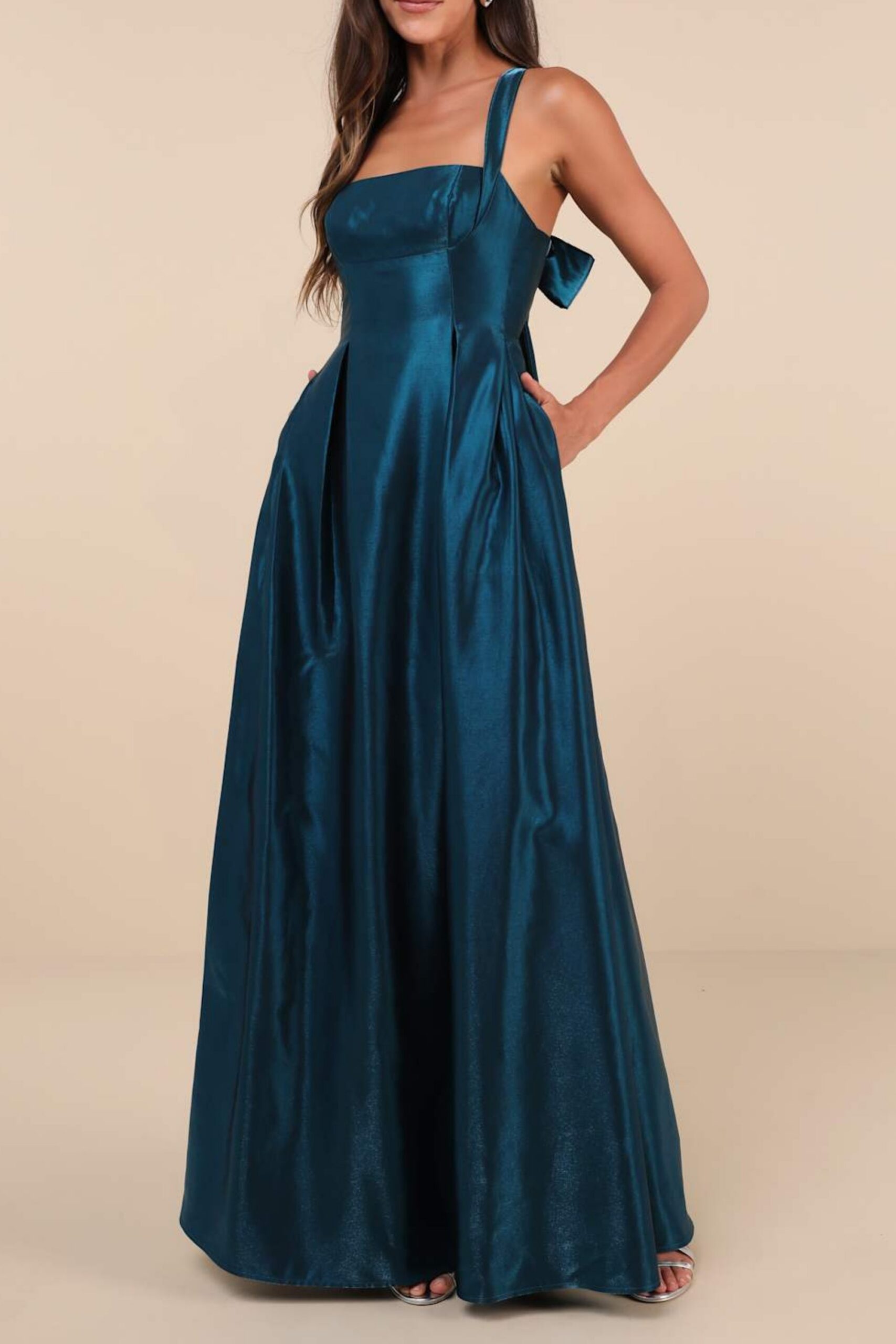AURA SHINY DARK TEAL TAFFETA MAXI DRESS WITH POCKETS