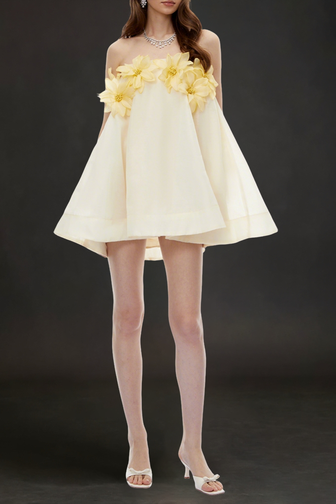 SABRINA OFF-SHOULDER YELLOW 3D FLORAL MINI DRESS