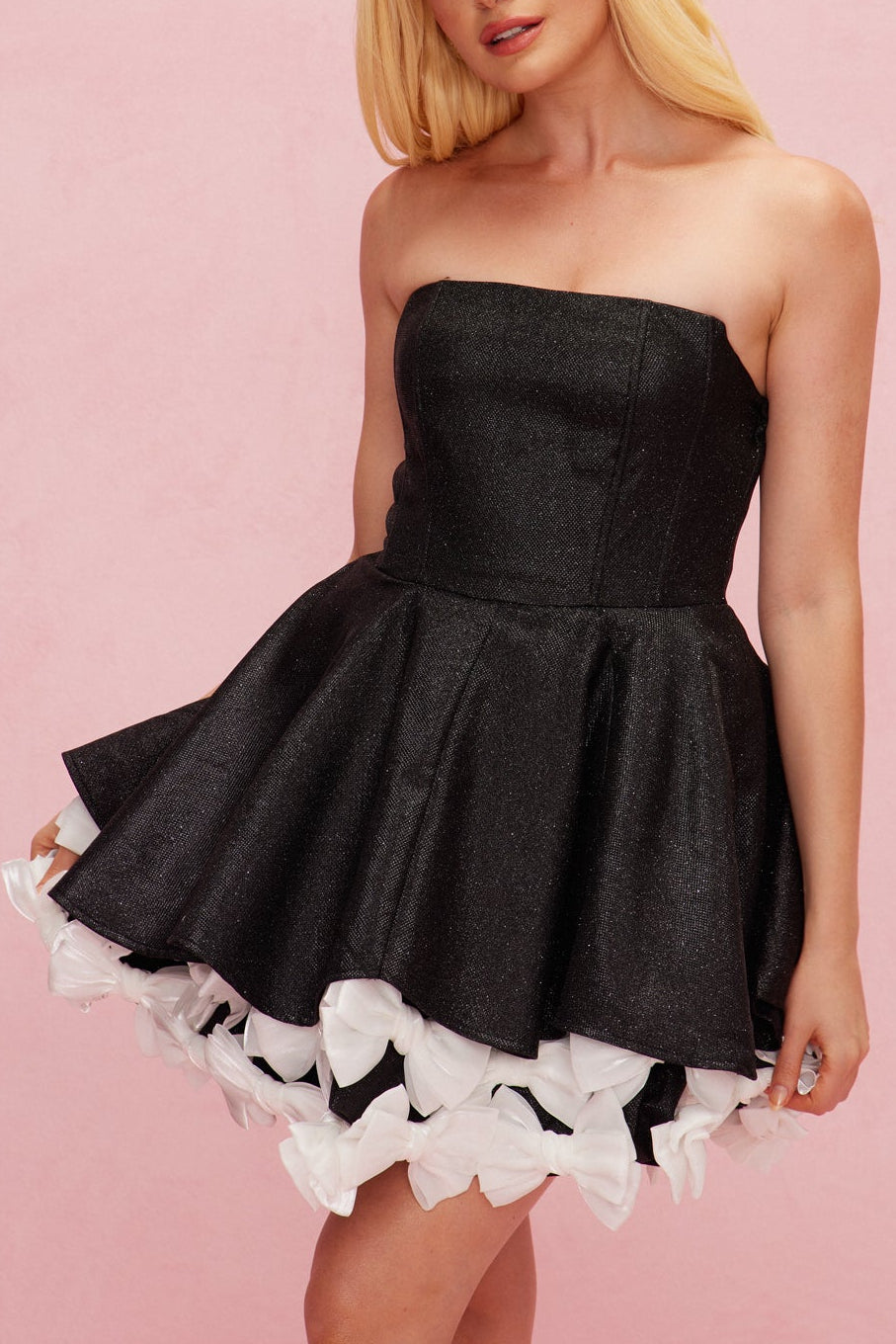 BEATE STRAPLESS SEQUIN BOW PUFFY MINI DRESS