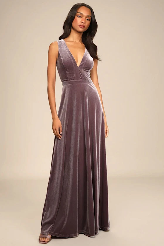 BEAUTIFUL NIGHT DUSTY PURPLE VELVET SLEEVELESS MAXI DRESS