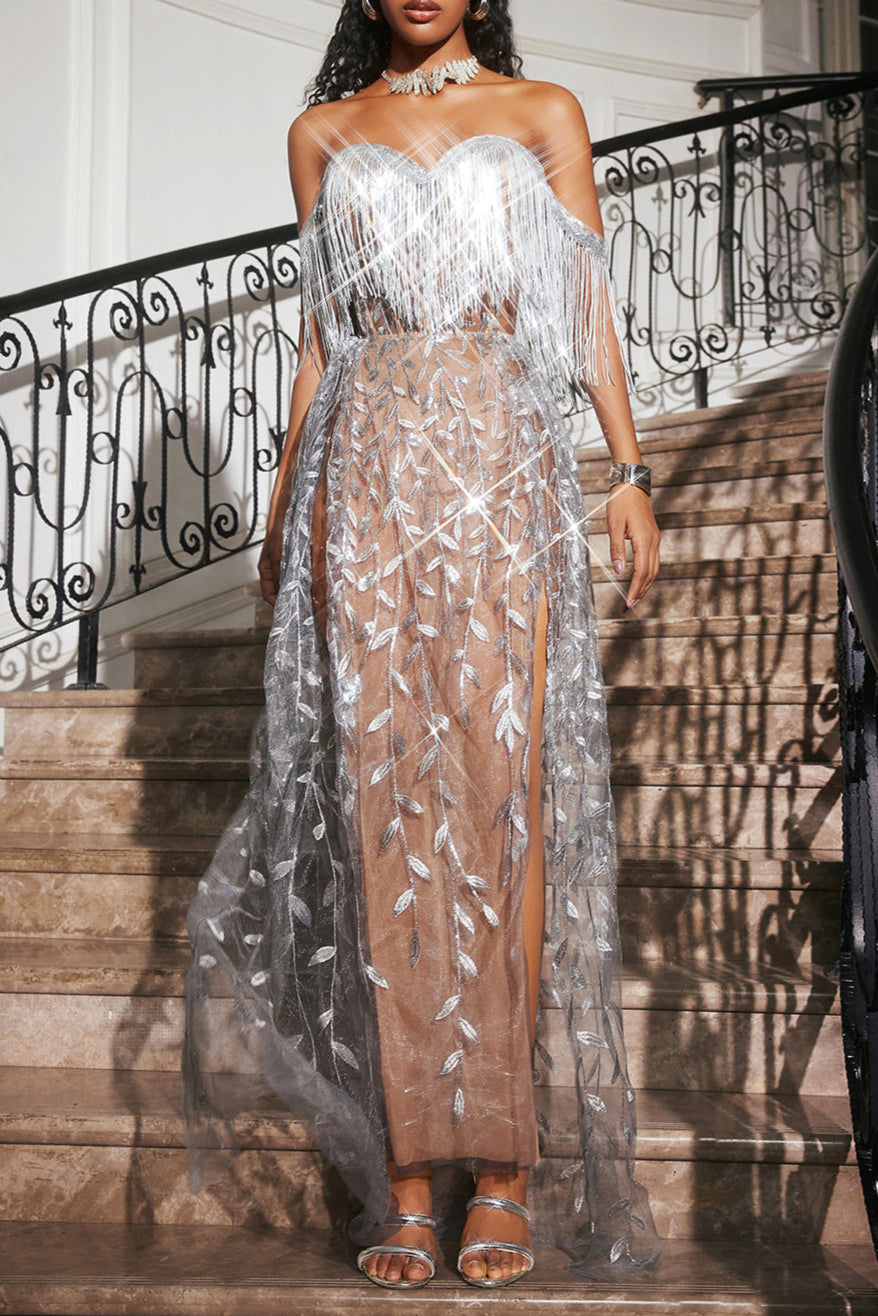 BELLA CODRUTA STRAPLESS LEAFY FRINGE MAXI DRESS IN SLIVER