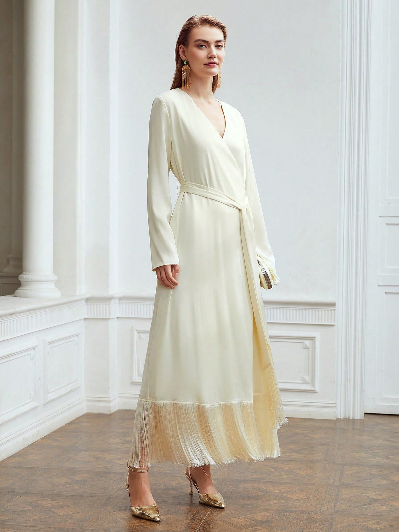 BELTED SATIN FRINGE-HEM DRESS