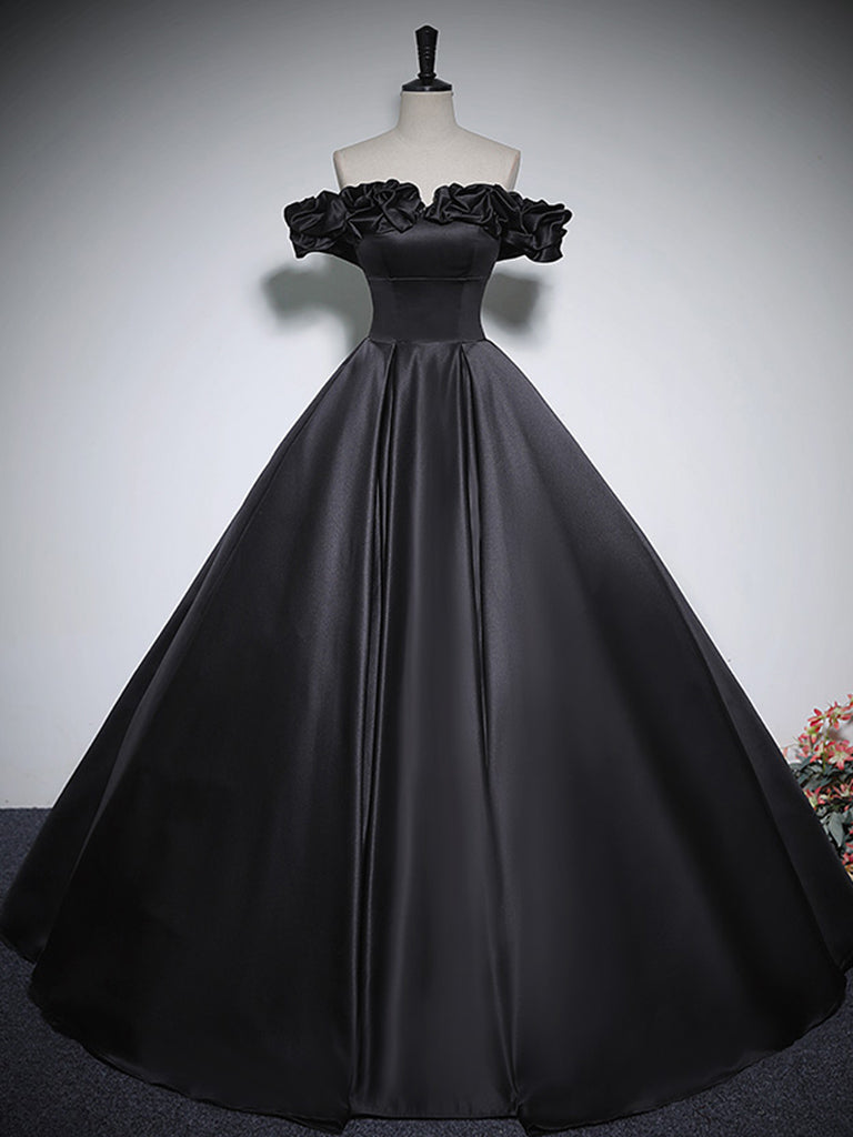 BLACK A-LINE OFF SHOULDER SATIN LONG PROM DRESS