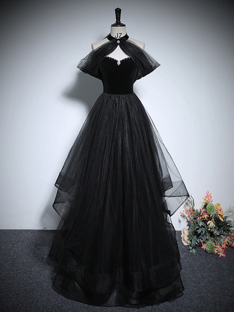 BLACK A-LINE TULLE PROM DRESS