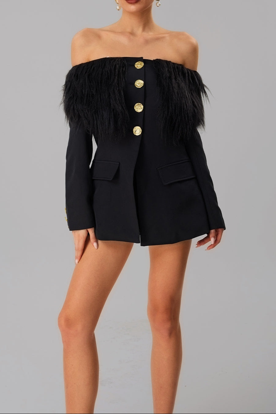 BLACK OFF-SHOULDER FEATHER METAL BUCKLE DECORATION BLAZER MINI DRESS