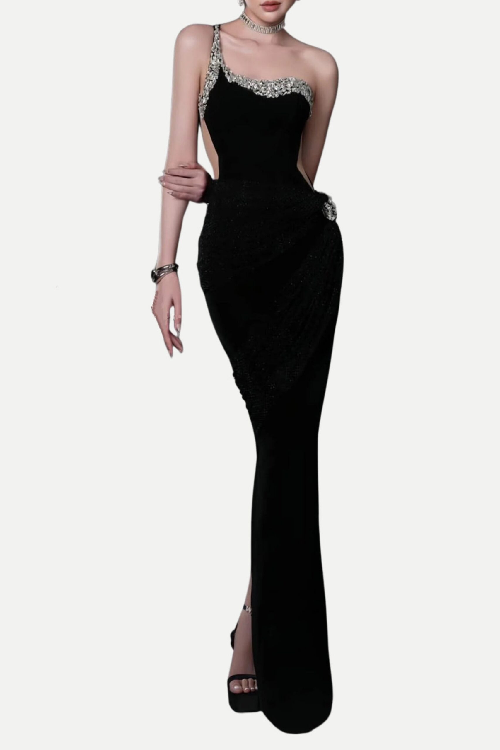 BLACK ONE-SHOULDER DIAMONDS BANDAGE MAXI DRESS