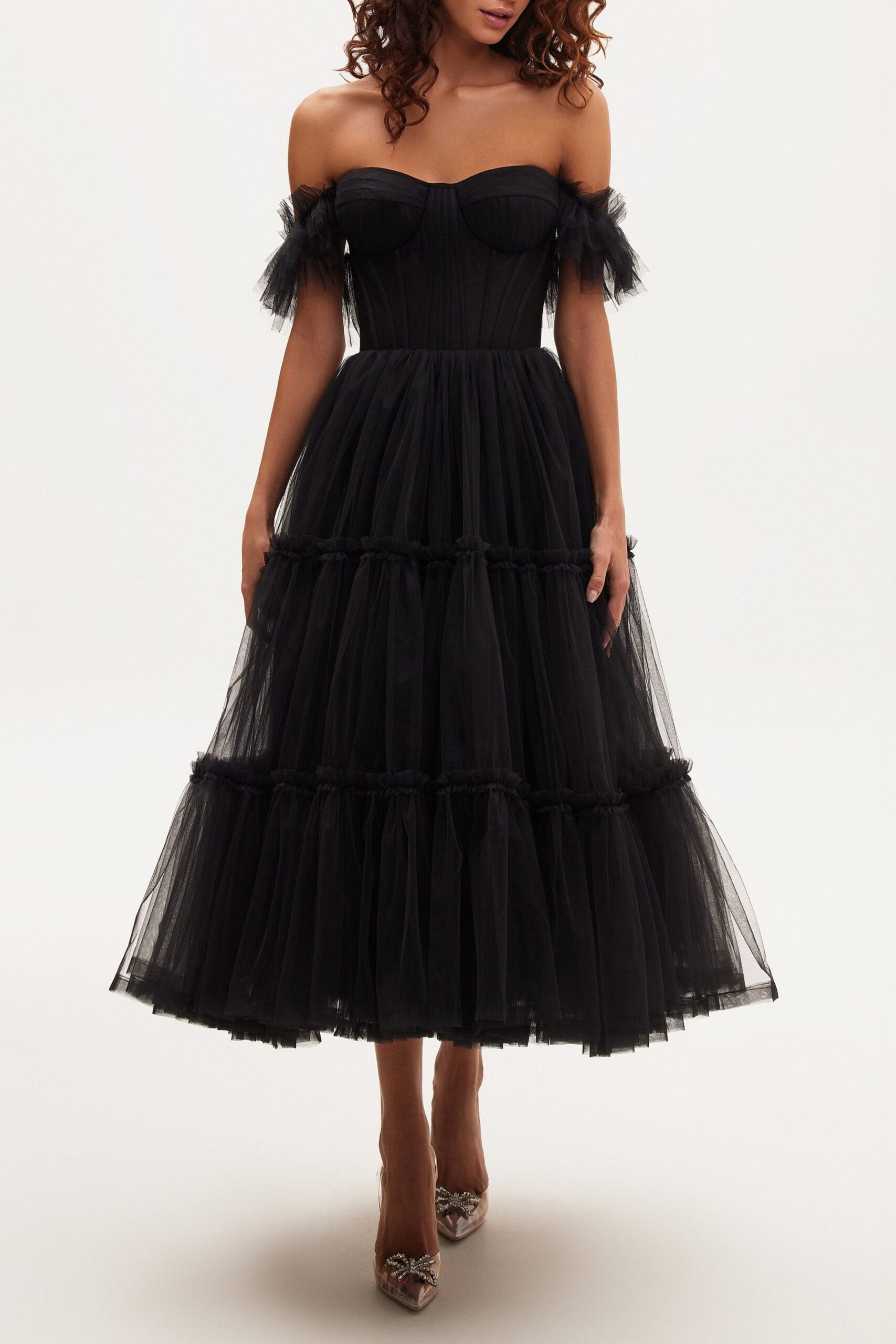 BLACK RUFFLED TULLE MIDI DRESS