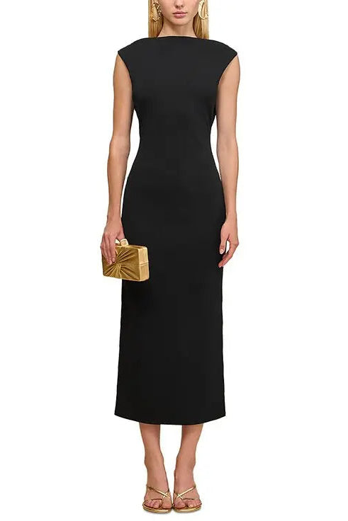 BLACK SLEEVELESS BACKLESS KNIT MIDI DRESS WITH TWO PLEATED GOLDEN EMBELLISHMENTS