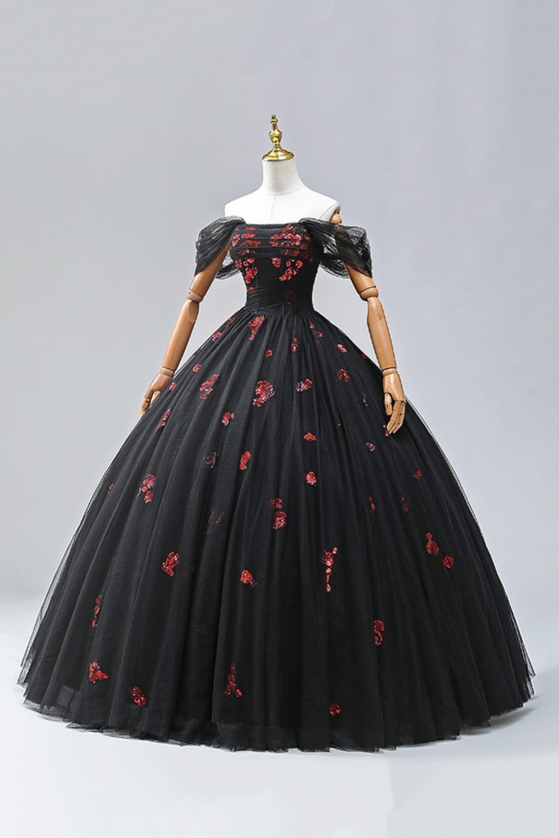 BLACK TULLE SEQUINS MAXI FORMAL DRESS