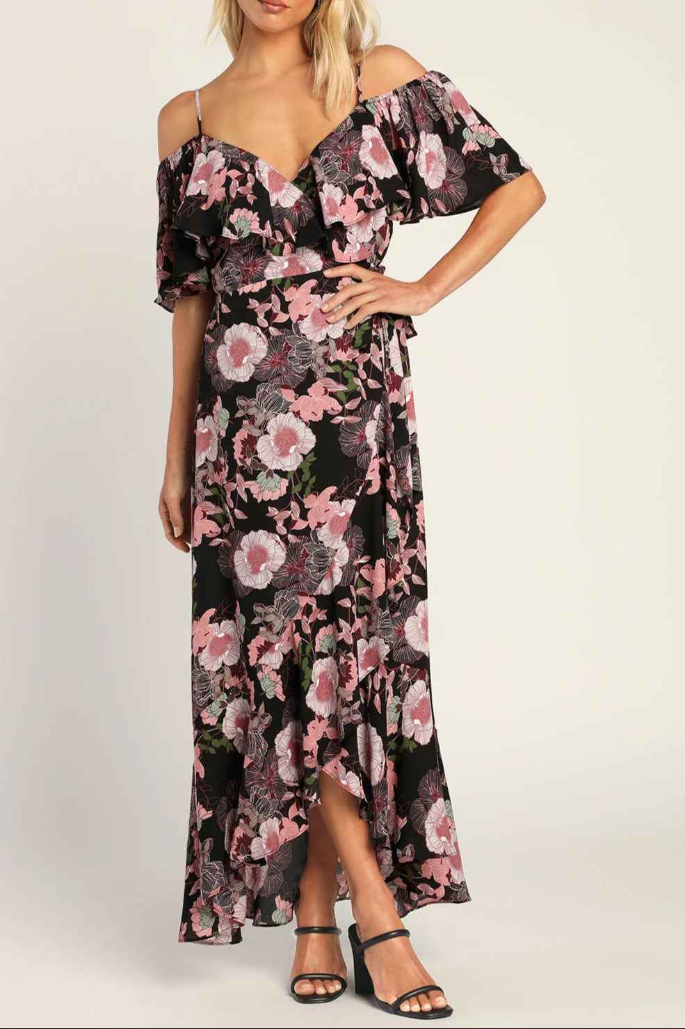 BLOOMED FLORAL OFF-THE-SHOULDER MAXI WRAP DRESS IN BLACK