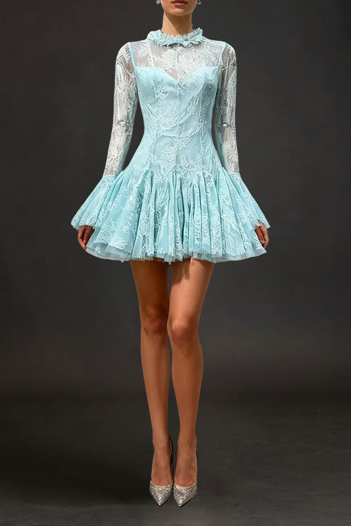BLUE  EMBROIDERED FLARED MINI DRESS
