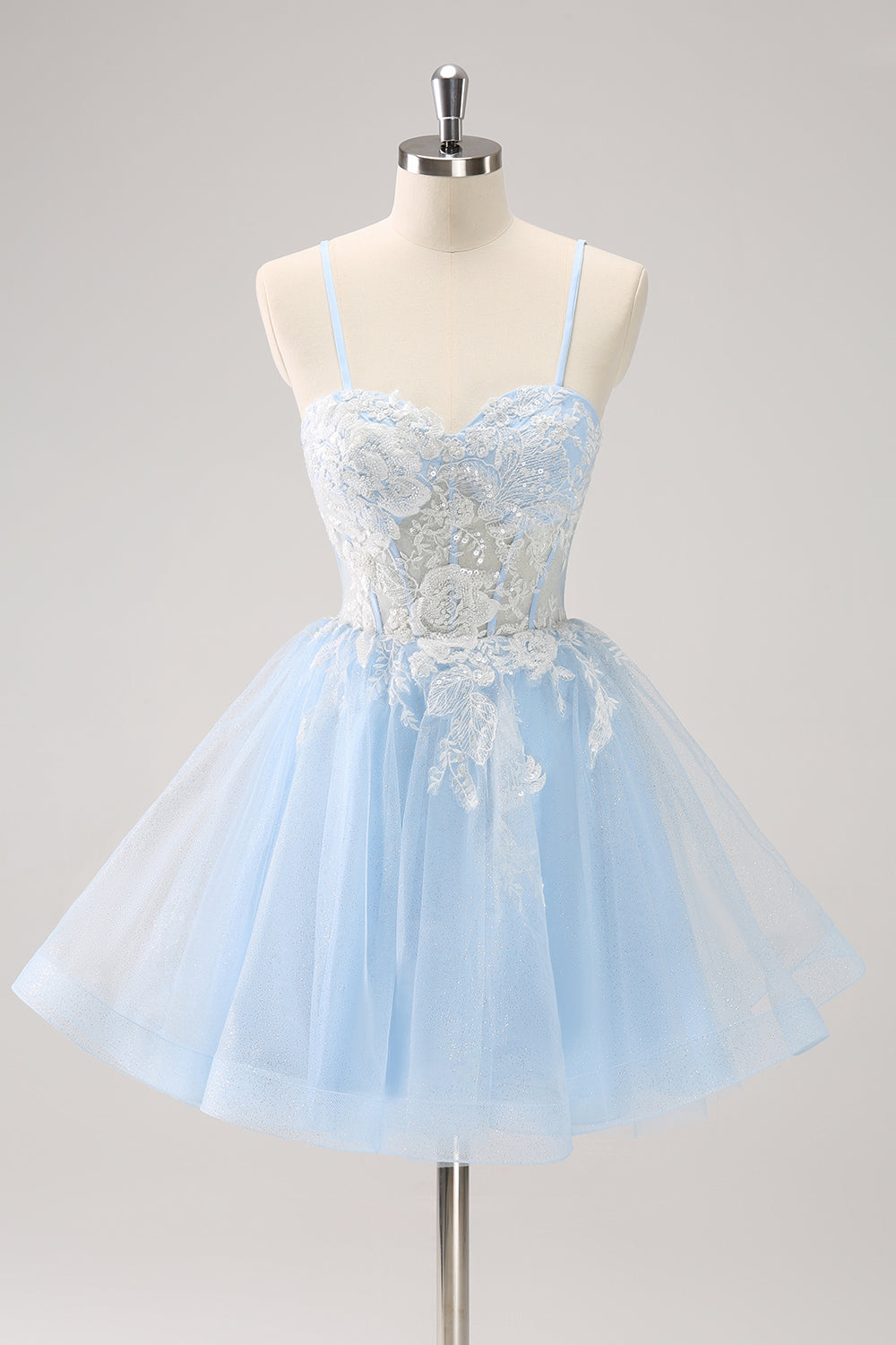 BLUE A LINE EMBROIDERY TULLE SHORT HOMECOMING DRESS WITH REMOVABLE SHOULDER STRAP