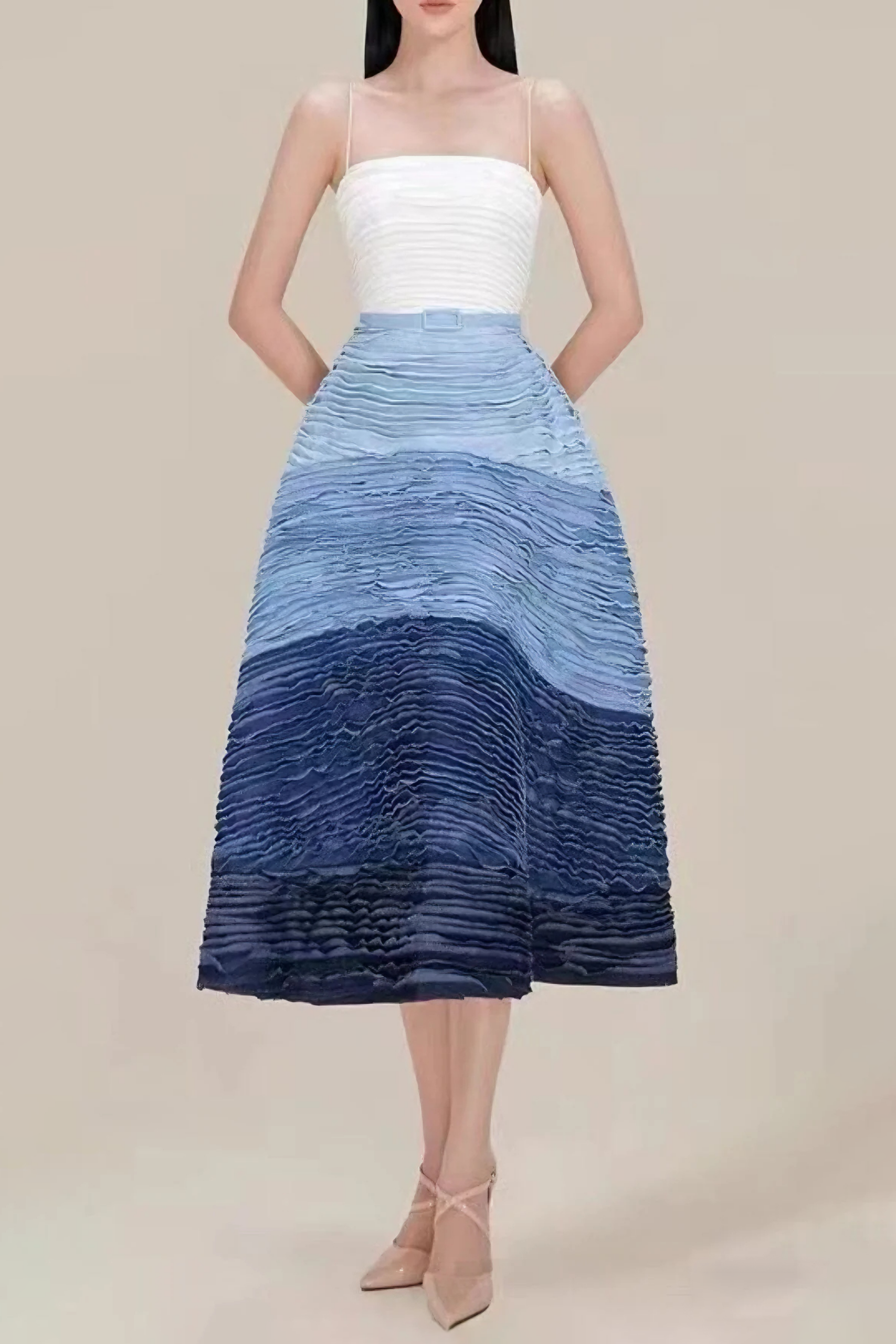 BLUE RIPPLE HALTER MIDI DRESS