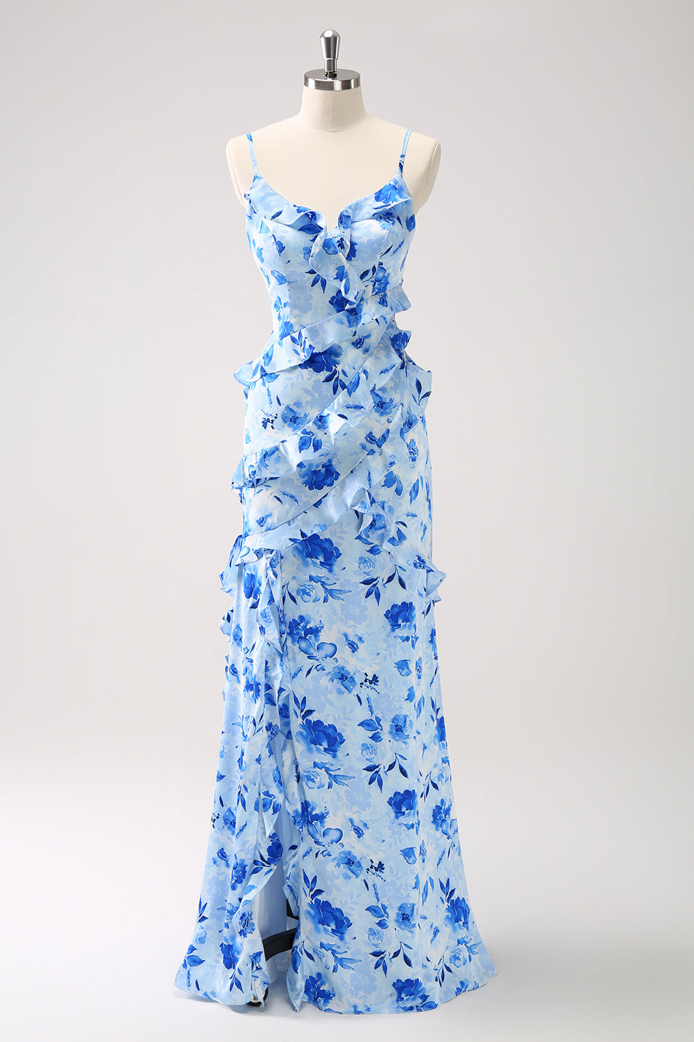 BLUE SHEATH SPAGHETTI STRAPS FLORAL LONG PROM DRESS WITH SLIT