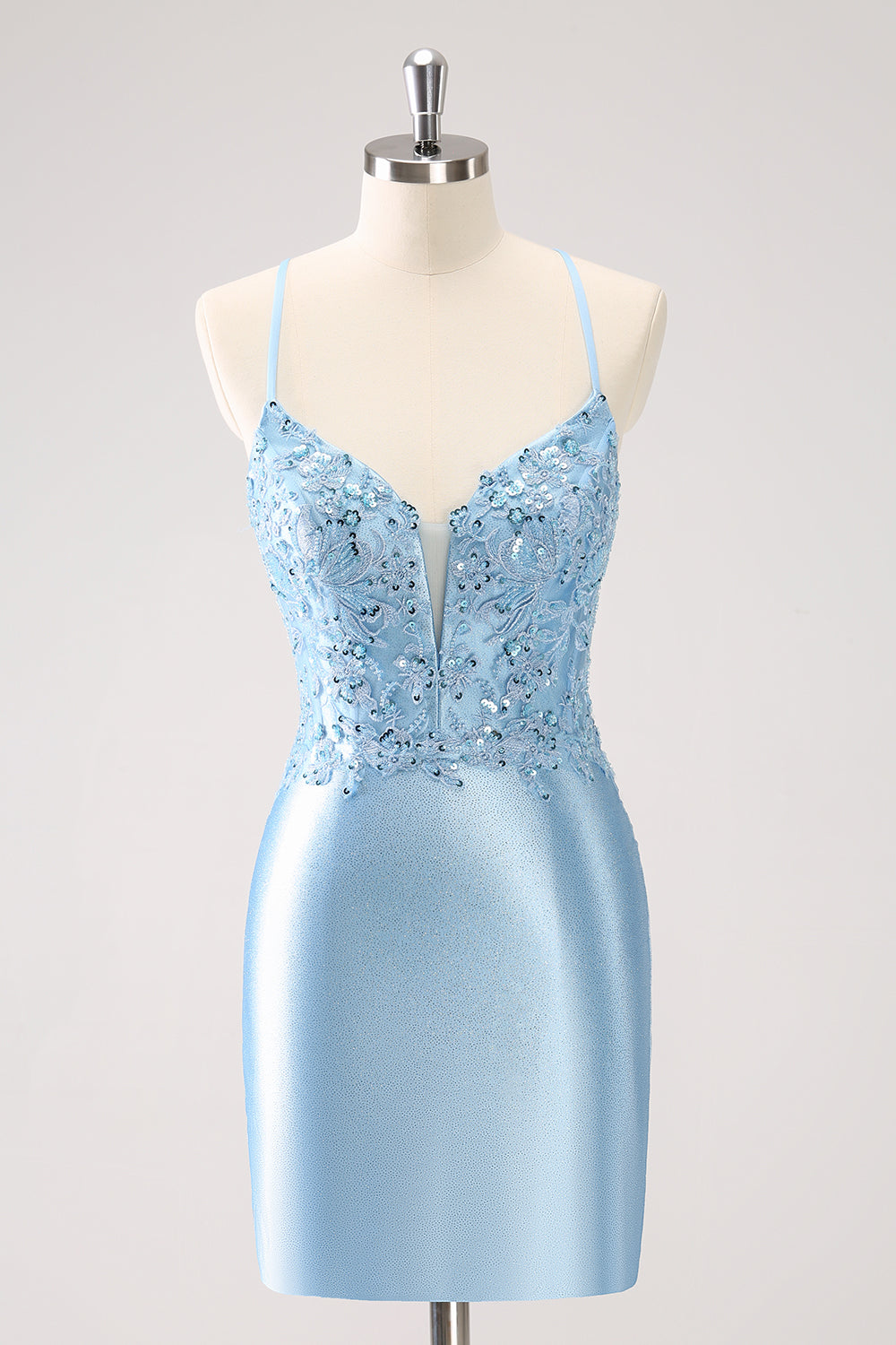 BLUE SPAGHETTI STRAPS SEQUINED TIGHT HOMECOMING DRESS