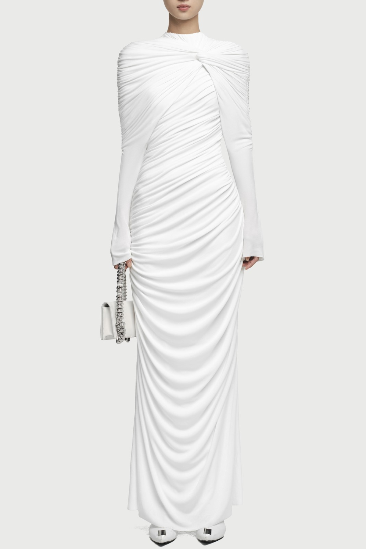 BONNIE LONG SLEEVE PLEATED KNOT BODYCON MAXI DRESS IN WHITE
