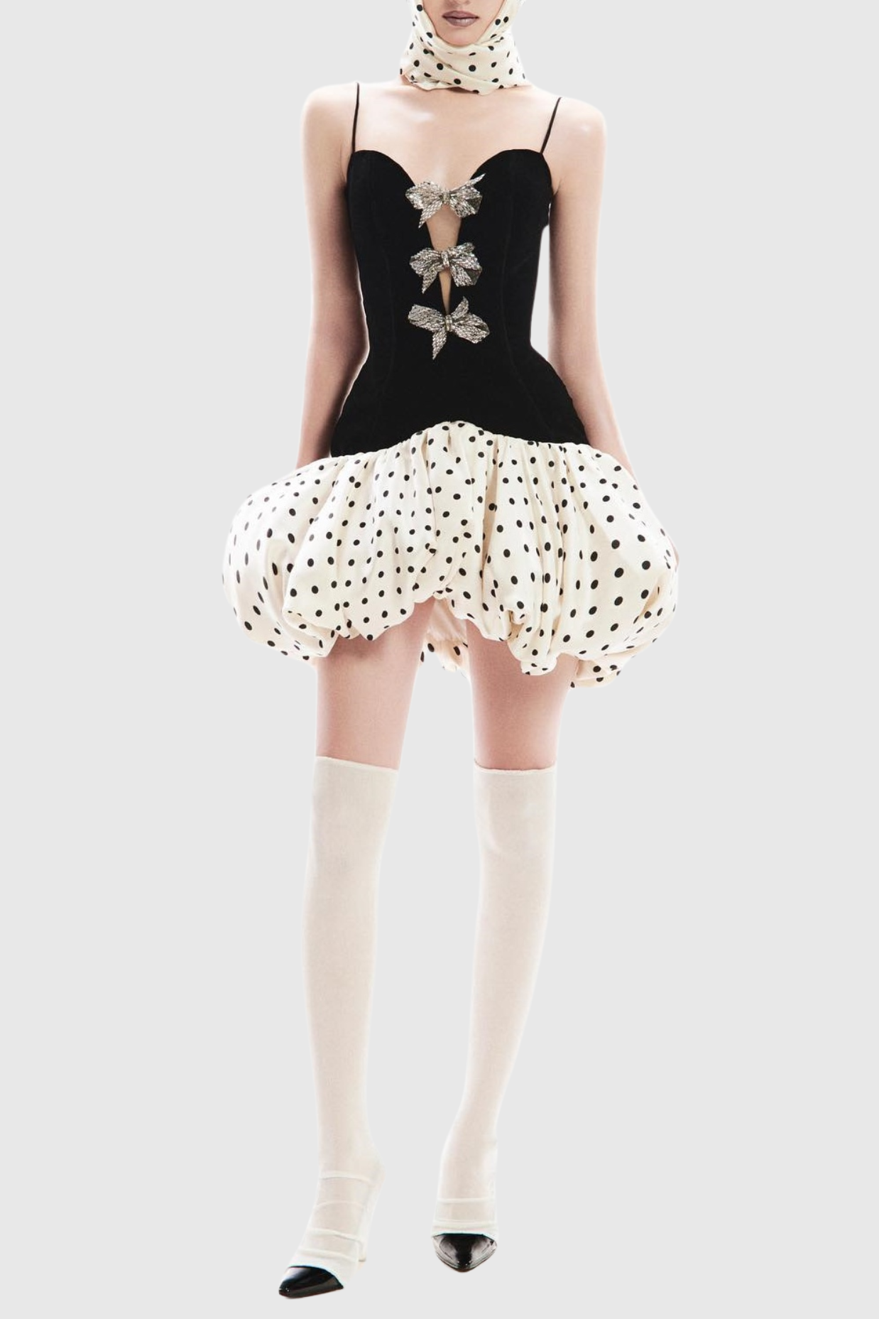 BOW EMBELLISHED PUFF DOT MINI DRESS