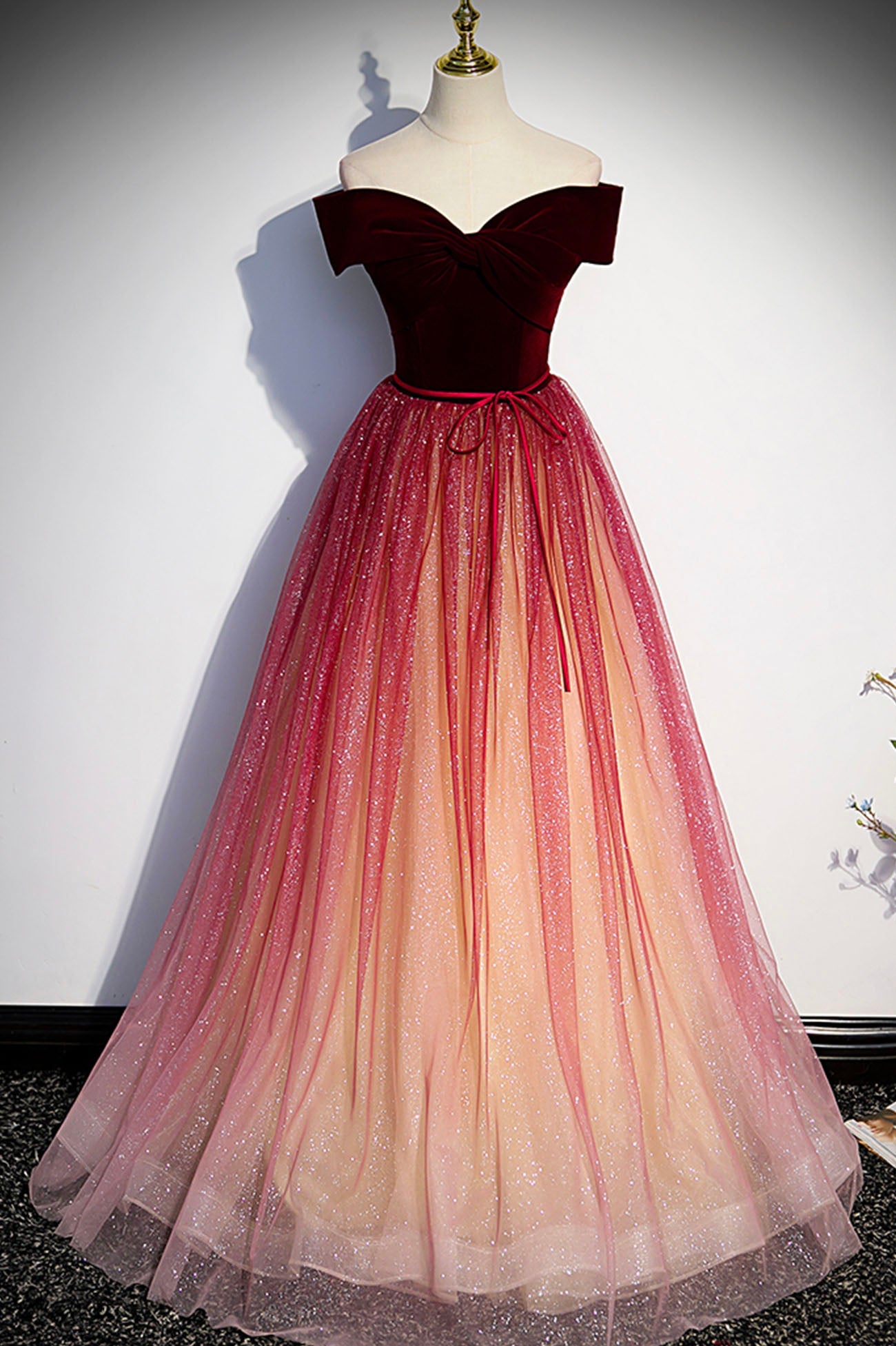 BURGUNDY VELVET LONG A-LINE FORMAL DRESS