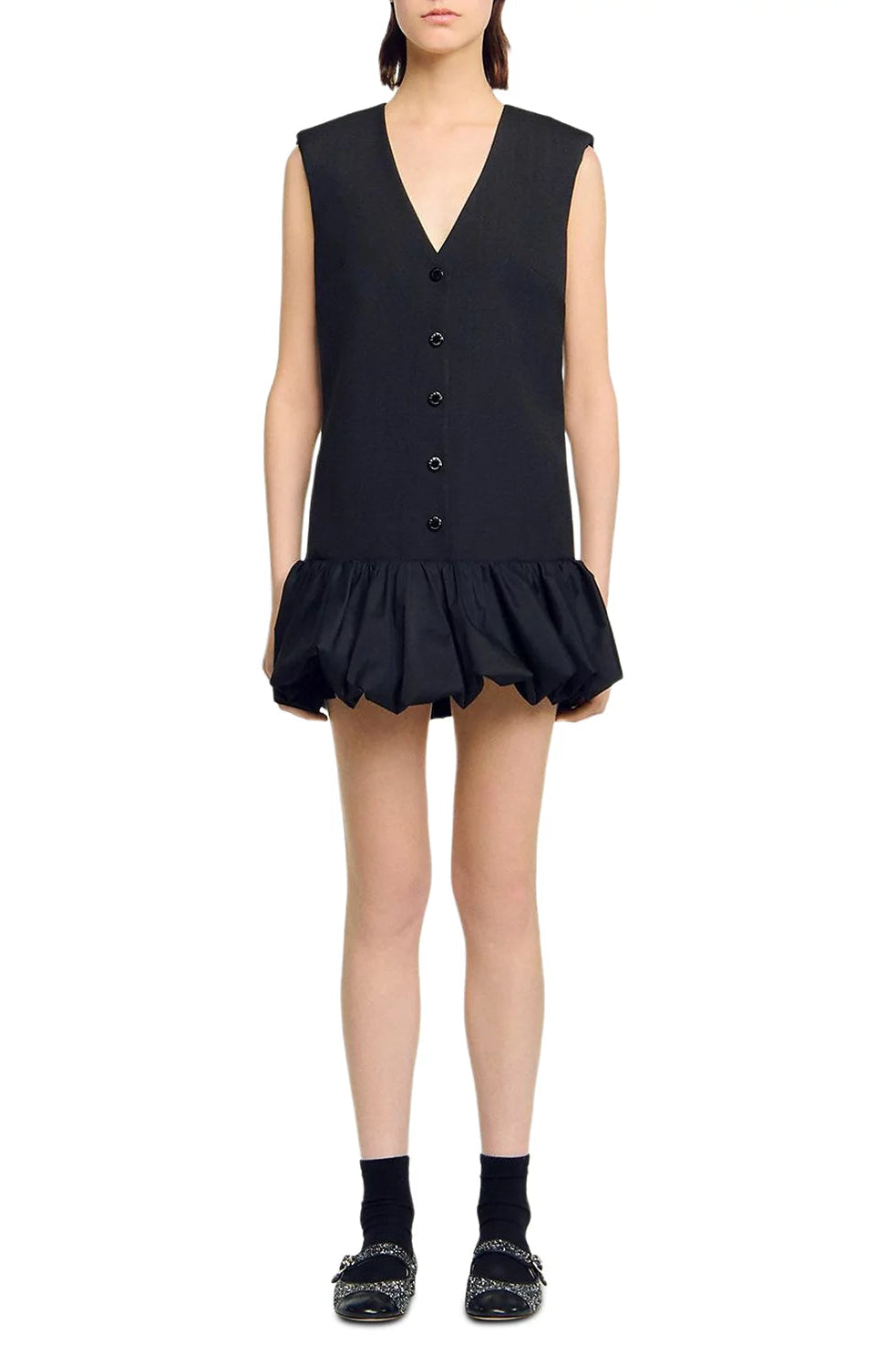 BUTTON FRONT BUBBLE HEM MINI DRESS IN BLACK