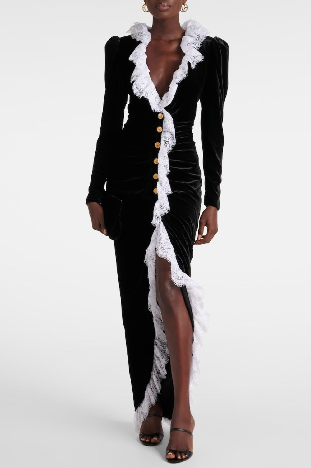 CANNIA LACE-TRIMMED VELVET MAXI DRESS