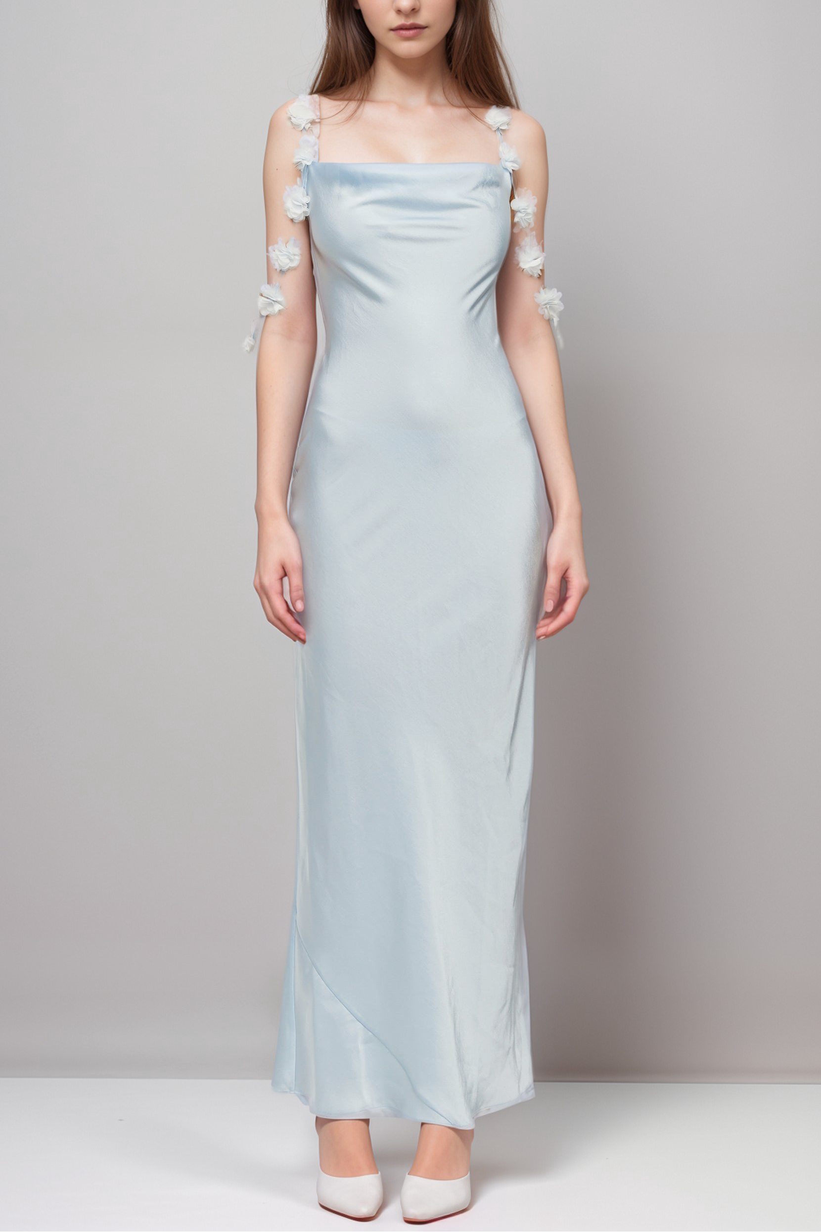 CAPRI FLORAL-STRAPS SATIN MAXI DRESS