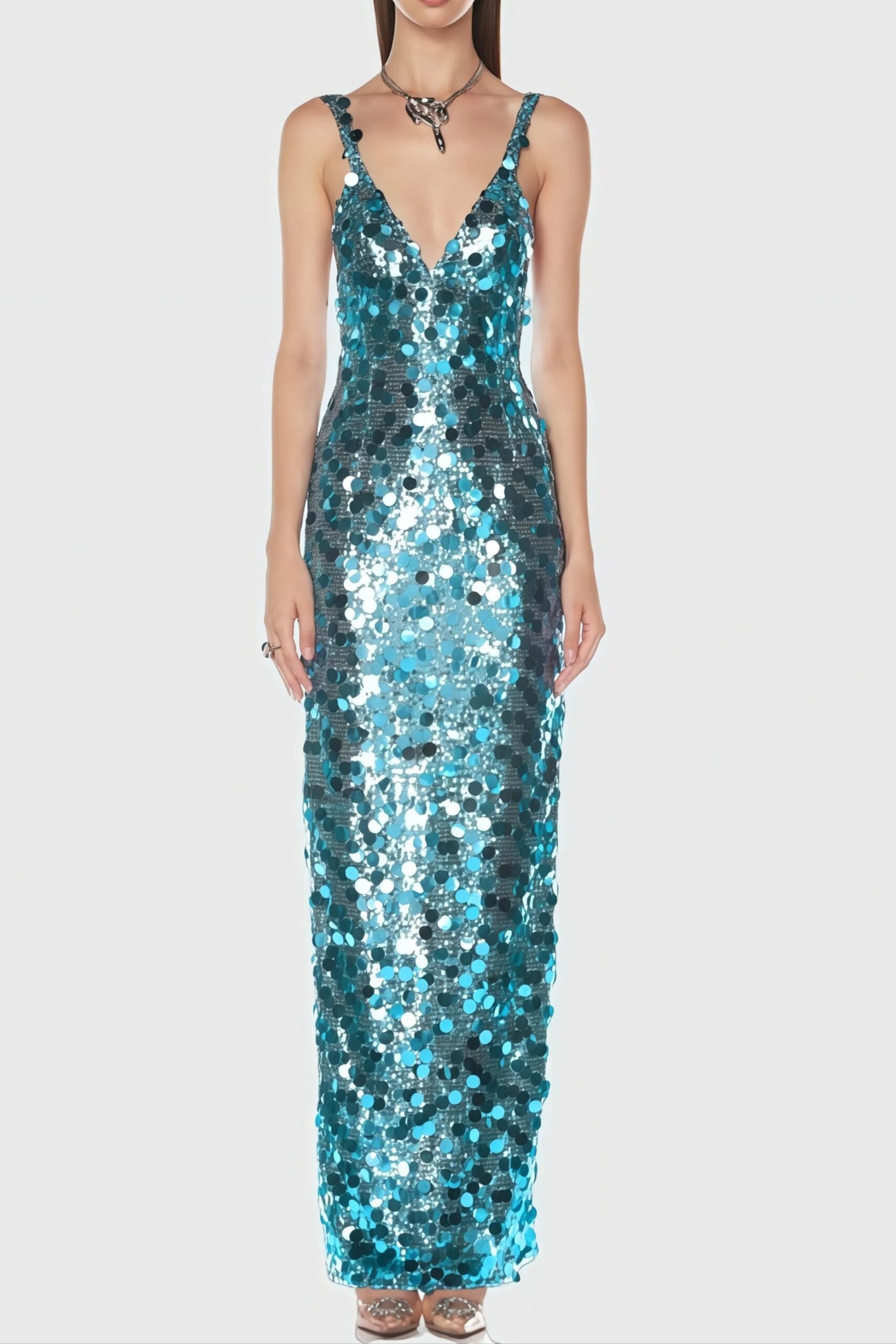 CARLIN SEQUIN DEEP V STRAPLESS MAXI DRESS IN BLUE