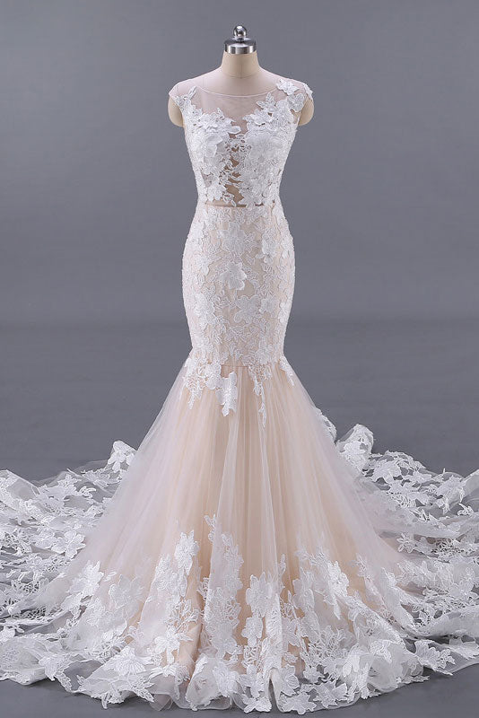 CHAMPAGNE TULLE LACE PROM DRESS